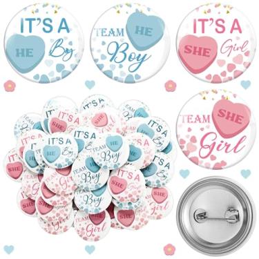 Imagem de Highergo 48 peças de broches de revelação de gênero broches de equipe menino ou menina 4,73 cm decoração de jogos revelação de gênero azul emblema rosa novos lembrancinhas de chá de bebê para