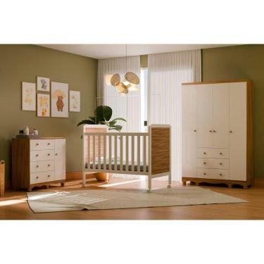 Imagem de Quarto Infantil Completo 3 Peças (1guardaroupa+1berço+1cômoda) Qi121 Branco-amendoa - Peroba
