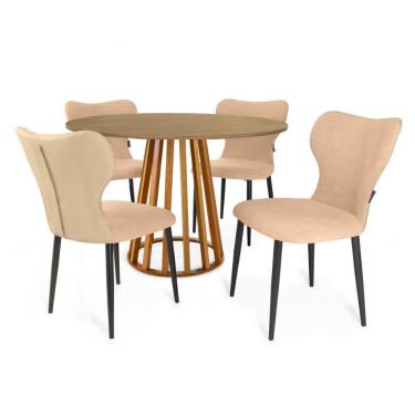 Imagem de Conjunto Mesa De Jantar Redonda Talia Amadeirada Natural 120cm Com 4 Cadeiras Estofadas Jacobsen - Bege
