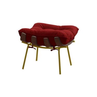 Imagem de Puff Sala de Estar Base de Madeira Dourada Veludo Vermelho