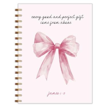 Imagem de Qnhij Caderno espiral cristão com laço rosa Preppy Coquette 14 x 20 cm, diário bíblico 1:17 de Tiago, diário de oração religiosa para mulheres, caderno de notas da igreja, diário de escrituras cristãs