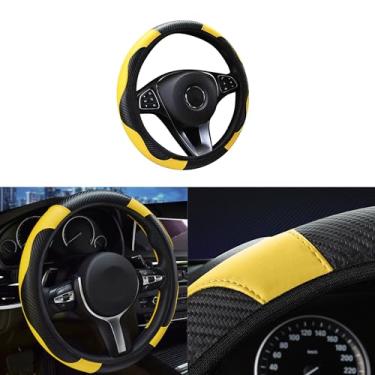 Imagem de Tioollev Capa de volante de carro, protetor de volante elástico de couro sintético de microfibra de fibra de carbono de 38 cm para homens e mulheres, universal durável para carro decorativo adequado