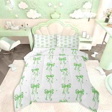 Imagem de Feelyou Jogo de cama fofo com laço, macio para meninos e meninas, conjunto de edredom com laços coquette, tamanho casal, edredom verde, microfibra e laço sonhador, decoração de quarto, 3 peças com 2