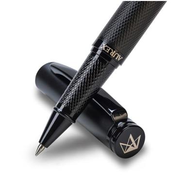 Imagem de AUREX Caneta esferográfica preta luxuosa – Caneta de metal com tampa, ponta micro, design de corpo de diamante, caixa de presente e azul + tinta preta – Caneta executiva para escrita