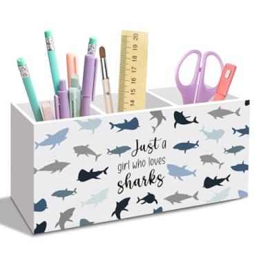 Imagem de nvucamd Porta-lápis de tubarão para mesa, acessórios engraçados de mesa de escritório de tubarão, organizador de pincéis de maquiagem de tubarões para meninas, dormitórios, crianças, banheiro, apenas