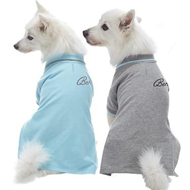 Imagem de Blueberry Pet Pacote de 2 camisetas polo personalizadas personalizadas de volta para cães com nome bordado, azul celeste e cinza claro, comprimento das costas 35,5 cm, roupas personalizadas para cães