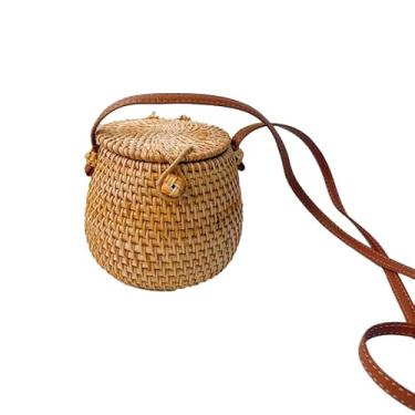 Imagem de Bolsa de palha redonda para mulheres, bolsa de vime feita à mão, bolsa transversal de vime, bolsa de tecido para praia, férias e uso diário (bolsa balde pequena de fundo redondo, 13 cm (C) x 13 cm (L