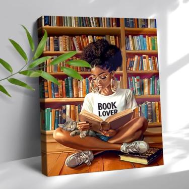 Imagem de Arte de parede afro-americana menina negra lendo imagens em tela decoração de parede livro presente amante afro-preto mulheres pintura arte emoldurada para adolescente sala de estar quarto estudo sala