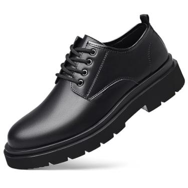 Imagem de Sapato social masculino vintage de couro com cadarço plataforma Oxfords preto bico redondo sola de borracha macia antiderrapante à prova d'água negócios formal Derby sapatos sociais, Preto, 44