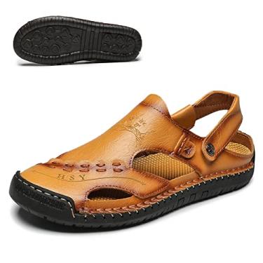Imagem de MIXSNOW sandálias masculinas de couro para o verão, casuais, sapatos aquáticos para caminhada, praia, viagem, chinelos, Yellow Brown, 12.5