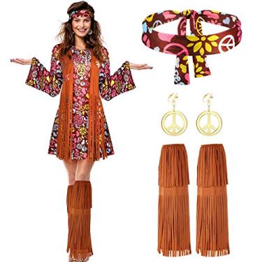 Imagem de SATINIOR Conjunto de fantasia hippie dos anos 70, 60, acessórios para mulheres, vestido de discoteca para o Dia das Bruxas, Floral vermelho, Adult Size (large)