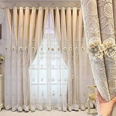 Imagem de Cortina blackout de camada dupla, painel de cortinas sólidas em camadas de voile com bordado de renda, varanda para quarto de menina, economia de energia, isolamento térmico, com ilhós, para Li