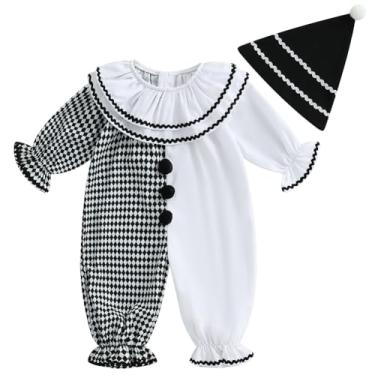 Imagem de Pudcoco Toddler Baby Boys Girls Halloween Clown Costume Long Sleeve Contrast Color Ruffle Layered Jumpsuit Romper with Hat (White, 4-5T)