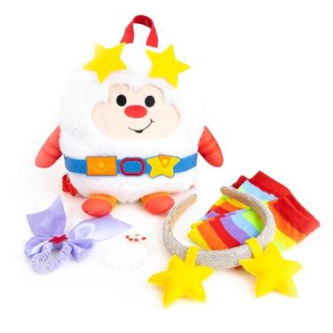 Imagem de Conjunto de 6 peças Rainbow Brite com mochila de pelúcia ajustável, faixa de cabeça de estrela brilhante, aquecedores de braço arco-íris, gravata de cabelo roxo, pulseira Sprite. Tamanho único/adultos