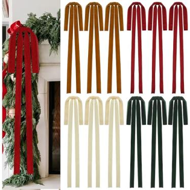 Imagem de 12 peças de laços de fita de veludo de Natal 60 x 40 cm grande laço de veludo para árvore de Natal vintage vermelho verde marrom bege ornamentos para guirlanda rústica escada, festa de Natal