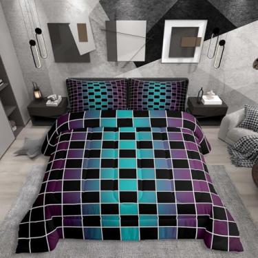 Imagem de Erosebridal Jogo de cama queen xadrez preto, roxo, turquesa, quadriculado, ombré, para adultos, homens e mulheres, edredom de guingão gradiente