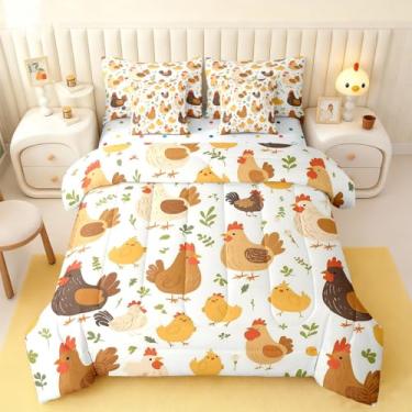Imagem de Jogo de cama adorável de galinha com 7 peças, animais de fazenda, tamanho casal, cama de galo rural em uma bolsa com edredom, lençóis, fronhas, estampa de folhas, conjunto de edredom respirável com