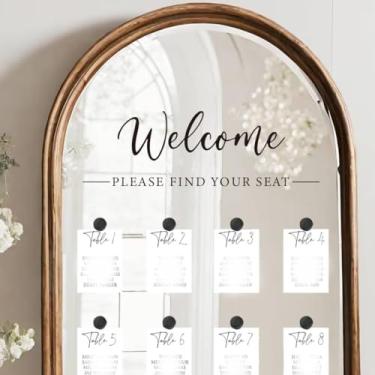 Imagem de JarThenaAMCS Adesivos espelhados para quadro de assentos de casamento Welcome Please Find Your Seat Letras removíveis decalques de vinil para placa de janela de vidro decoração de casamento, preto