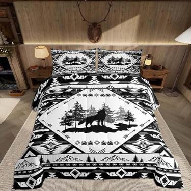Imagem de Feelyou Conjunto de edredom de lobo para todas as estações, asteca do sudoeste, com 2 fronhas, microfibra ocidental, roupas de cama queen, animais selvagens, decoração de quarto, colcha