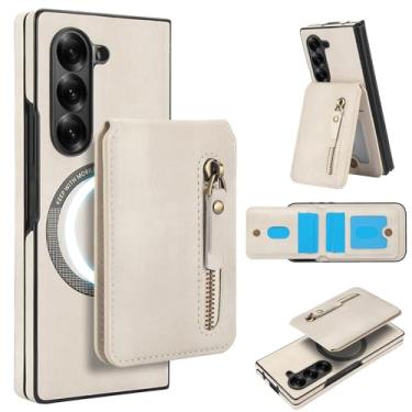 Imagem de Carteira destacável compatível com carregamento sem fio Magsafe para Samsung Galaxy Z Fold6 com suporte para cartão, bolso com zíper, suporte 2 em 1 capa à prova de choque (branca)