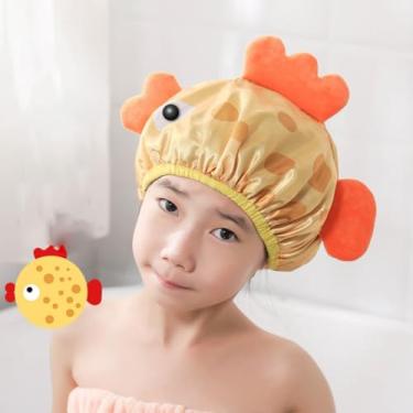 Imagem de Touca de banho infantil de camada dupla à prova d'água com estampa de animal fofo chapéu de cabelo elástico reutilizável para meninos meninas xampu banho