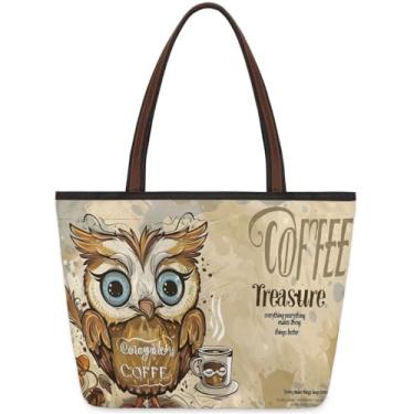 Imagem de Bolsa grande para mulheres animal coruja café bonito saco de pano de trabalho com zíper reutilizável mercearia bolsa de mão casual viagem pernoite tote bolsas adequadas para viagens, trabalho, férias