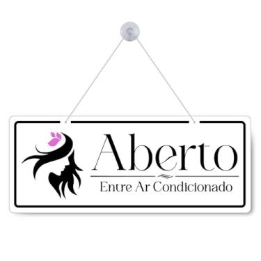 Imagem de Placa Dupla Face Aberto/Fechado, 30x12cm, PS 1mm, Impressão UV, com Ventosa e Corda, Preto e Branco com Rosa, para Salão de Beleza, Barbearia, Clínica