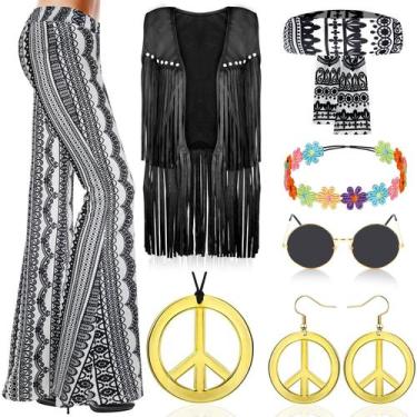 Imagem de Conjunto de Disfraz Hippie de los 60 y 70 para Mujer Mukum 8 Piezas Ne