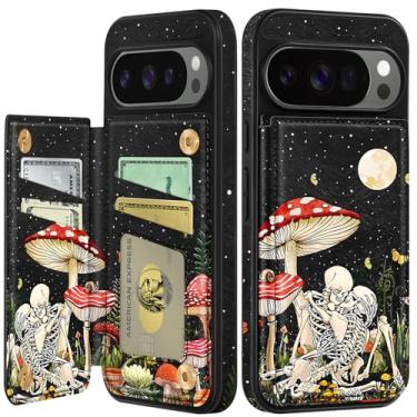 Imagem de Shorogyt Capa carteira para Google Pixel 10/Pixel 10Pro com suporte para cartão - Design de caveira de cogumelo com suporte para fecho magnético traseiro Flip Folio Capas de telefone de couro para