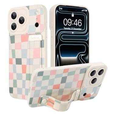 Imagem de Jefonha Capa para celular iPhone 17 Pro de silicone com alça para mulheres e meninas, design de tabuleiro quadriculado bonito e estético, capa protetora com alça de dedo ajustável, xadrez colorido