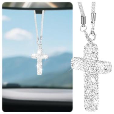 Imagem de Cruz para pendurar espelho de carro, pingente de carro brilhante, cruz cristã de diamante dupla face, acessórios de espelho retrovisor, acessórios de carro para mulheres (prata)