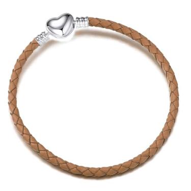 Imagem de NanMuc Pulseira de couro azul de 3 mm com fecho de pressão em barril de coração, feita à mão, feita à mão, com berloque europeu de Pandora, joia faça você mesmo, 16-21 cm, Large, Couro, Sem Pedra