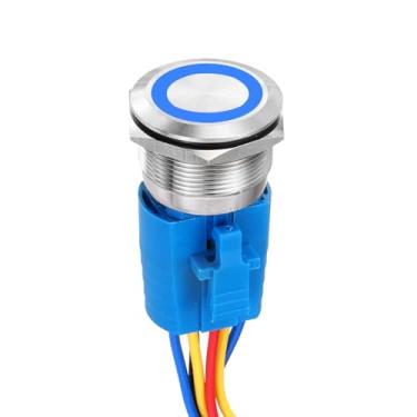 Imagem de DMiotech Interruptor de botão de travamento de aço inoxidável de 16 mm / 5/20.3 cm, cabeça chata, 5A, 12-24V, concha de prata, 5 pinos com soquete de cabo, anel azul LED 1NO1NC para sistemas de barcos