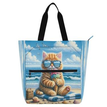 Imagem de Burbuja Bolsa feminina de gato na praia, impermeável, com bolso interno com zíper, para amantes de livros, presente de aniversário