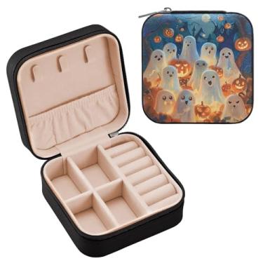 Imagem de YETTASBIN Linda caixa de joias de Halloween Boo para adolescentes, meninas, mulheres, presente de aniversário, Natal, caixa de armazenamento portátil de couro PU, mini estojo de joias de viagem para