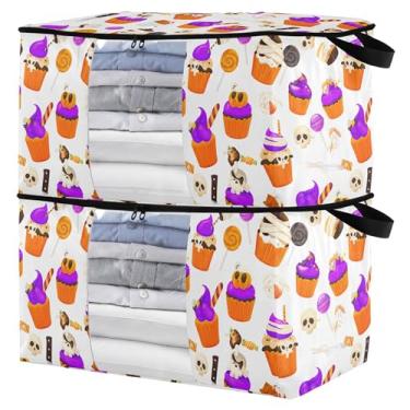 Imagem de Burbuja Bolsa de armazenamento de roupas para cupcakes de Halloween com tampas e alça, embalagem com 2 recipientes de armazenamento dobráveis com zíper resistente e janela transparente para armário de