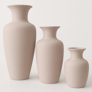 Imagem de Conjunto 3 Peças Kit Enfeite Cerâmica Vasos Sala Completo Decorativas Trio Rack Centro Mesa Colorido(NUDE LISO JAD)