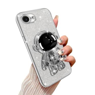 Imagem de Annyojo Capa de telefone para iPhone 16E com suporte de astronauta e cordão - Capa protetora feminina com glitter brilhante para iPhone 16E, glitter gradiente transparente - prata
