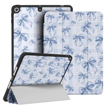 Imagem de RQYDYZMJ Capa para iPad 9ª/8ª/7ª geração (2021/2020/2019) 10,2 polegadas, hibernar/despertar automático, suporte inteligente com três dobras à prova de choque para mulheres e meninas (laço azul)