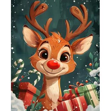 Imagem de XTXGERL Pintura de veado de Natal por números para adultos, kit de pintura por números de presentes de Natal para adultos, pintura de rena de desenho animado adulto por número, decoração de parede de
