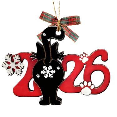 Imagem de Enfeite de Natal para pendurar gato preto 2026 de madeira com laço e flocos de neve, presente exclusivo para amantes de gatos de árvore de Natal