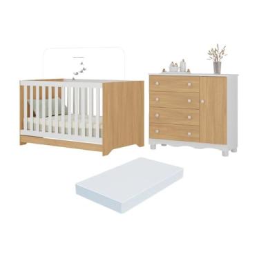 Imagem de Berço Americano 3 em 1 com Colchão Incluso e Cômoda 1 Porta 4 Gavetas Dengo Multimóveis Mp4698 Branco/madeirado