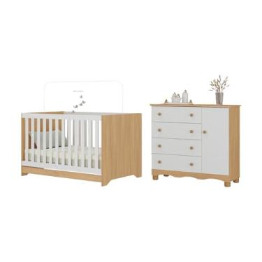 Imagem de Berço Americano 3 em 1 com Cômoda 1 Porta 4 Gavetas Dengo Multimóveis Mp4686 Madeirado/branco