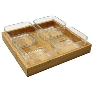 Imagem de Petisqueira Quadrada Bandeja de Bambu com 4 Potes de Vidro - Flashgood