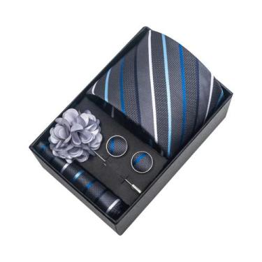 Imagem de Conjunto De Gravata Listrada Azul Com Abotoaduras E Broche 8 Cm  Prese
