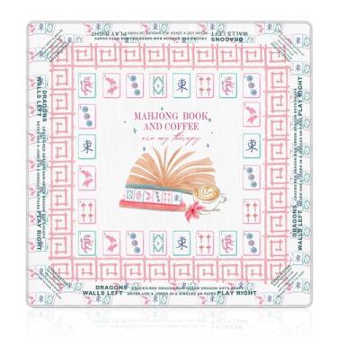 Imagem de NATSUNO Pink and Blue Bookish Mahjong Mat (31.5″x31.5″), Mahjong Book and Coffee Non-Slip Noise Reduction Mah Jong Table Mat for American Mah Jong Poker Board Games Card Games Dominoes