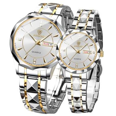 Imagem de FANMIS Par de relógios de quartzo, calendário luminoso, à prova d'água, vestido de negócios, luxuoso, para ele e ela, relógio de pulso de aço inoxidável, para casal, casamento romântico, Prateado