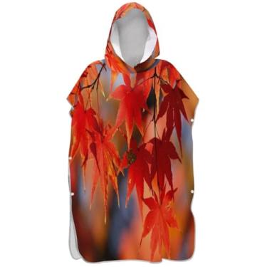 Imagem de Joisal Trocador de poncho de surfe, roupão para adultos, toalha de banho com capuz, secagem rápida, folhas de bordo vermelho, outono, outono, ponchos femininos com capuz
