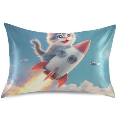 Imagem de Capa de almofada de cetim fofo gatinho foguete de cetim capa de travesseiro padrão King Queen capa de almofada de arte colorida para cama, tamanho king, 101,6 cm x 50,8 cm