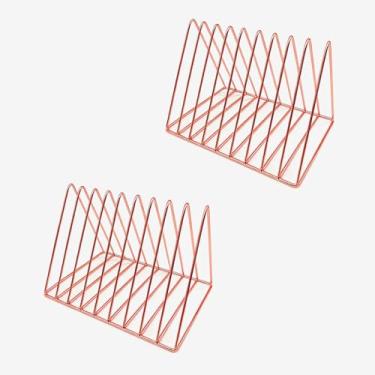 Imagem de MIAO YUAN 2 peças de porta-revistas triangulares de mesa, organizador de arquivos de metal de ferro com 9 compartimentos para escritório, armazenamento chique para decoração de casa (ouro rosa)